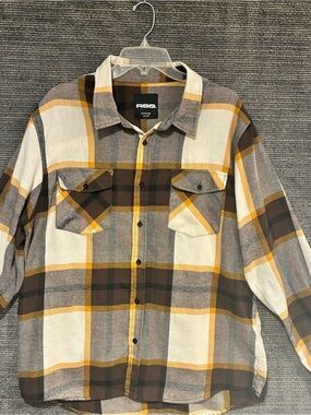 RSQ Men's Brown & Cream Plaid Button-Up Shirt Sz XL